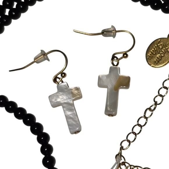 Susan Shaw‎ Alys Black Onyx and Mother of Pearl Cross Necklace and Earrings New! - Picture 4 of 8
